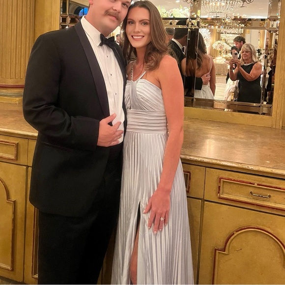 Sparky Satin A Line Pleated Formal Party Evening Gown W/Slit - Picture 1 of 4